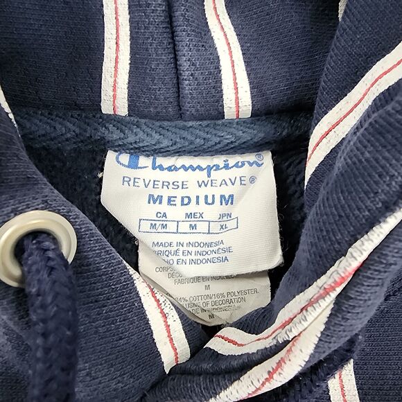 Champion Hoodie Womens Medium Blue Stripe Reverse Weave Heavyweight Sweatshirt - Picture 2 of 16